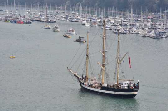 01 April 2021 - 09-28-15
The crew of Pelican of London had to remain in a `Covid bubble' so little in the way of shore shenanigans for them!
----------------
Tall ship Pelican of London arrives in Dartmouth